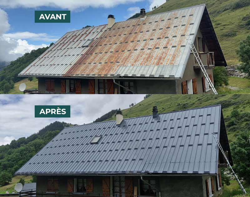 Peinture antirouille sur toiture en tôle - Les Savoyards Orticat en Savoie (73) : application d'une peinture antirouille sur toiture en tôle et application d'une peinture hydrofuge coloré pour toiture en tuile en Savoie (73)